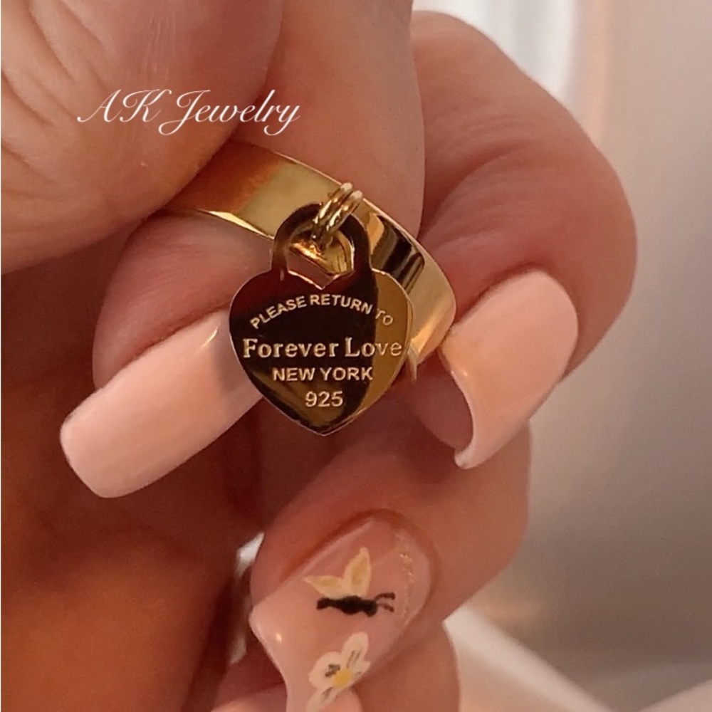 đź’Ž18k Dangle Heart RING, Please Return to words, 2 Hearts - Picture 4 of 6